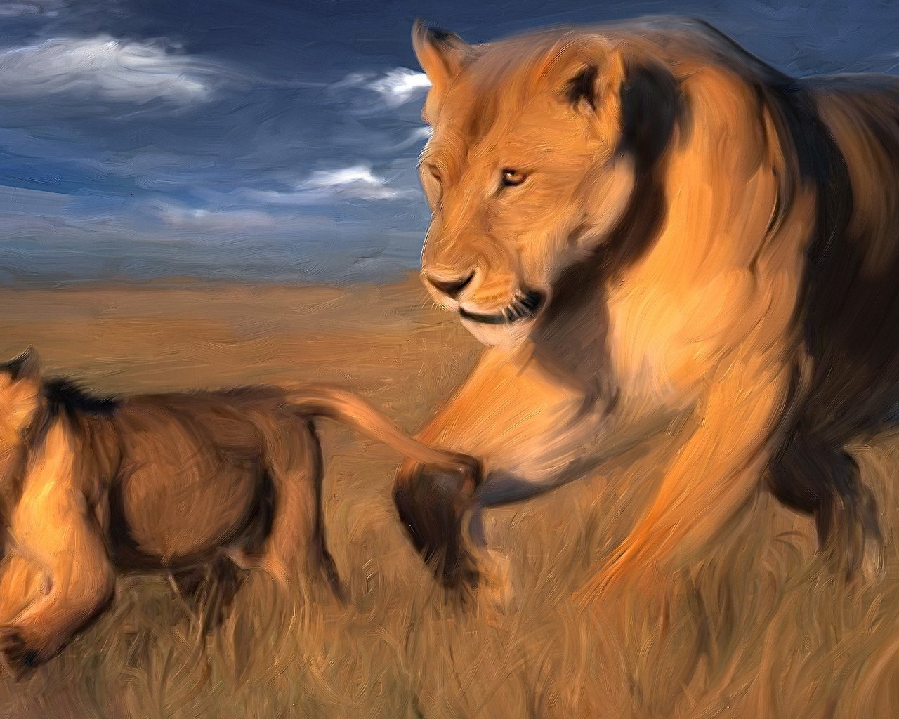 Обои львица, львёнок, саванна, lioness, lion, savannah разрешение 1920x1080 Загрузить