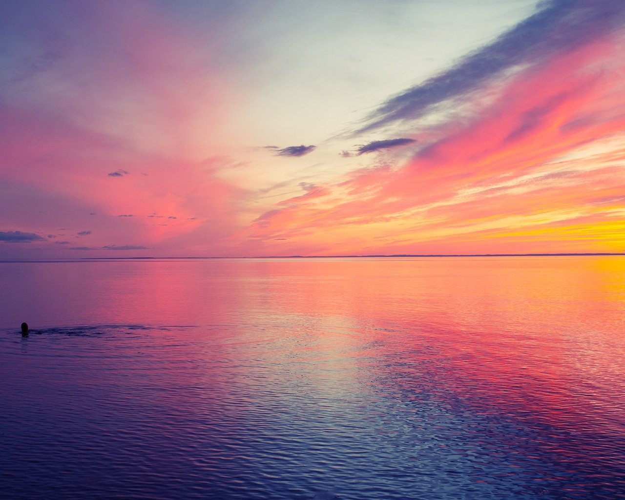 Обои небо, море, туман, рассвет, пловец, купание в море, the sky, sea, fog, dawn, swimmer, swimming in the sea разрешение 1920x1200 Загрузить