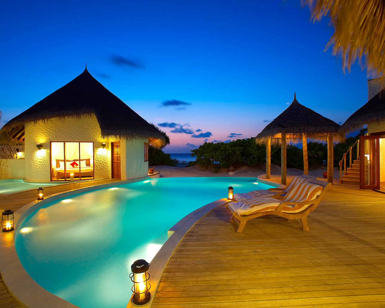 Обои бассейн, бунгало, тропики, мальдивы, pool, bungalow, tropics, the maldives разрешение 2000x1330 Загрузить