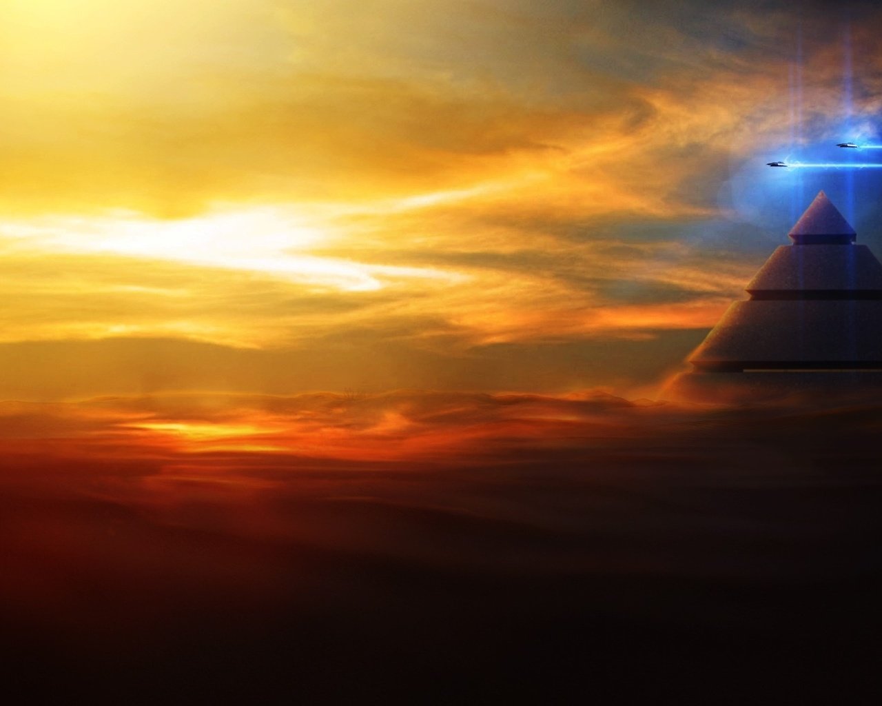 Обои арт, облака, закат, полет, корабли, пирамида, в небе, art, clouds, sunset, flight, ships, pyramid, in the sky разрешение 1920x1200 Загрузить