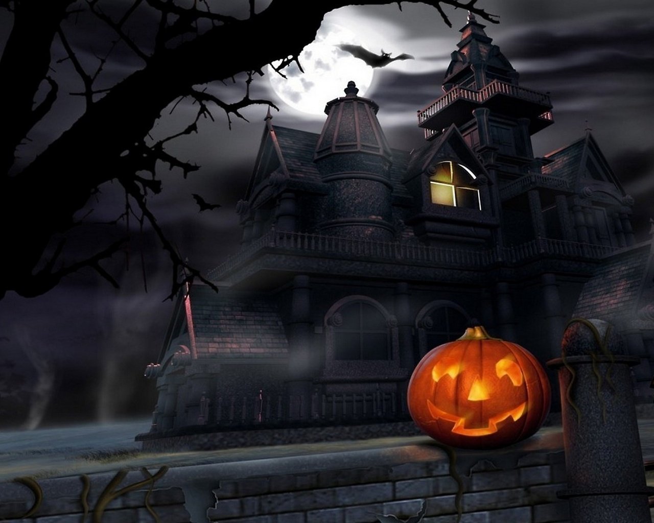 Обои тыква и мрачный замок, pumpkin and dark castle разрешение 2560x1440 Загрузить