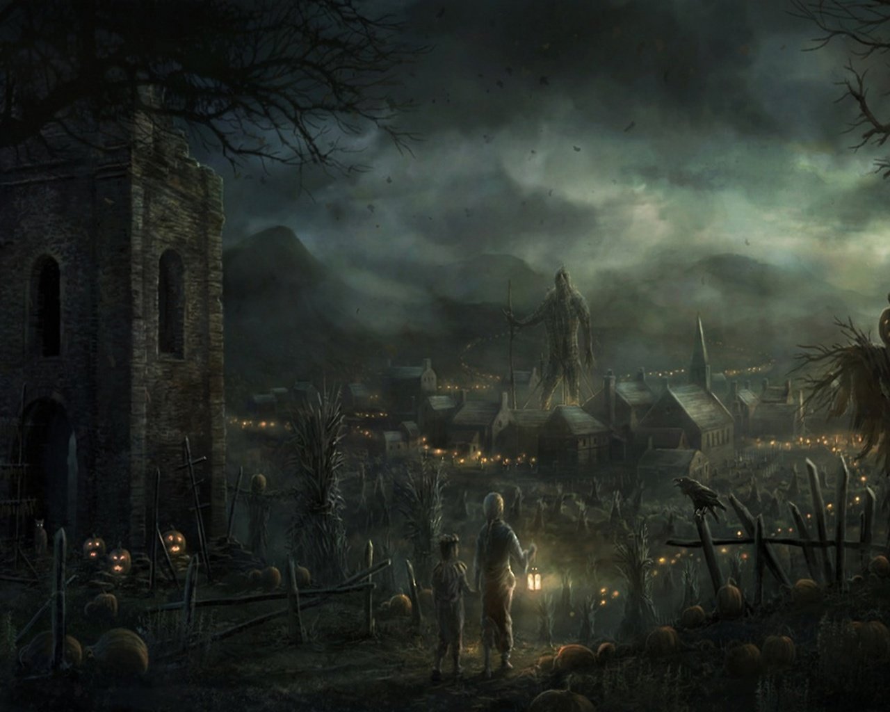 Обои встреча хэллоуина в деревне, meeting of halloween in the village разрешение 2560x1440 Загрузить