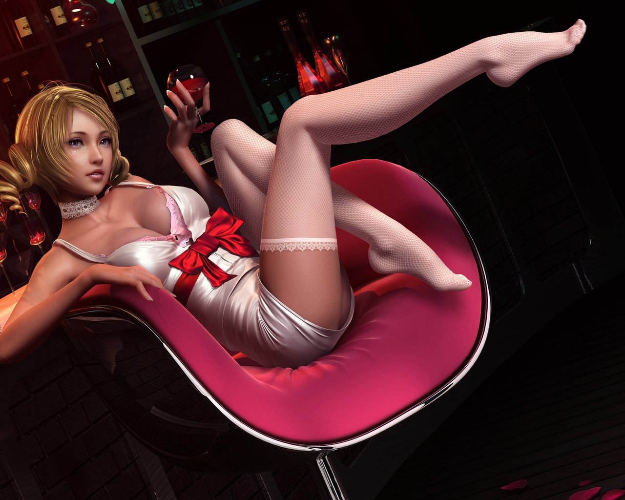 Обои девушка, стул, бар, ножки, чулки, girl, chair, bar, legs, stockings разрешение 1920x1080 Загрузить