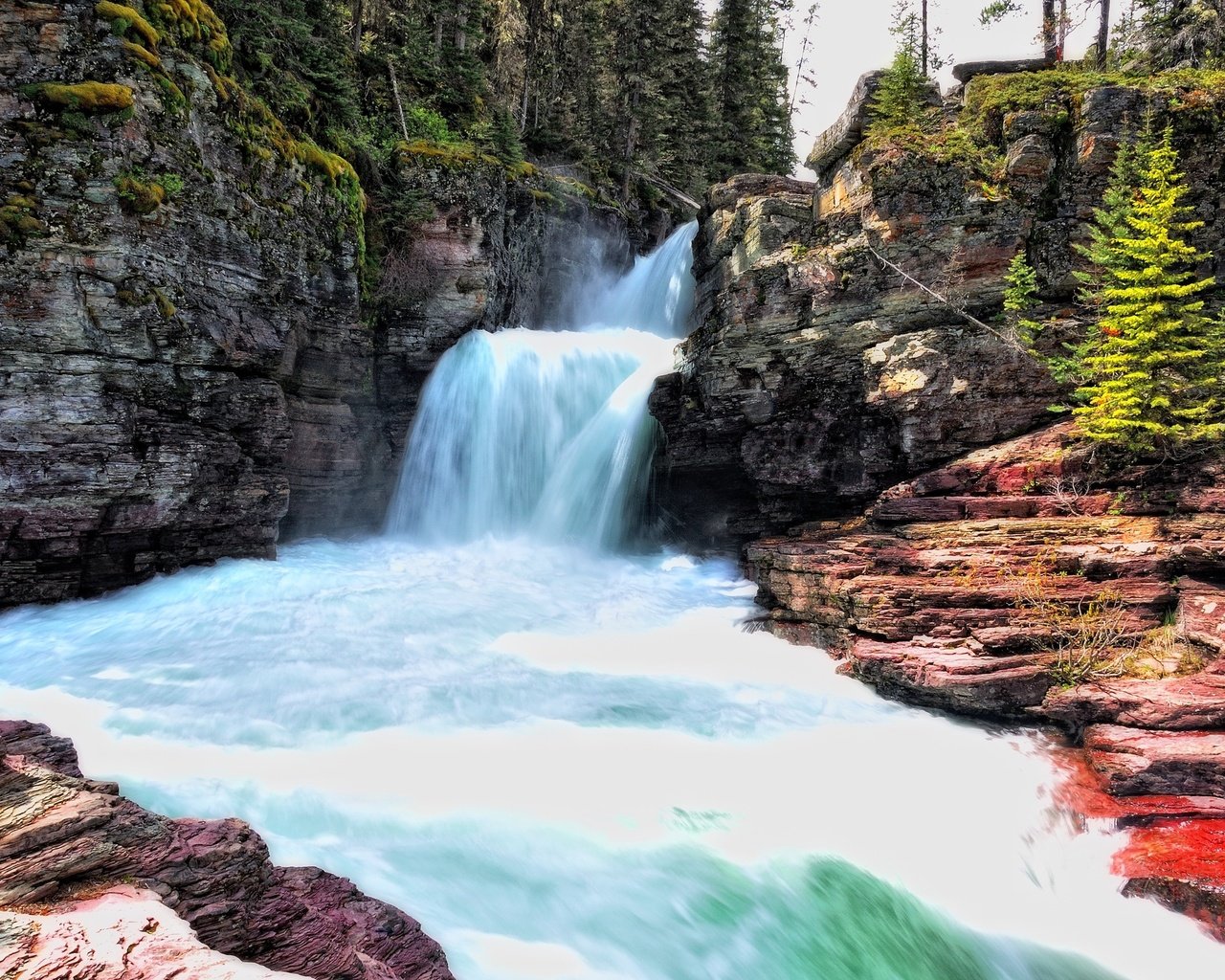 Обои деревья, река, водопад, скалв, национальный парк глейшер, trees, river, waterfall, scal, glacier national park разрешение 2560x1600 Загрузить