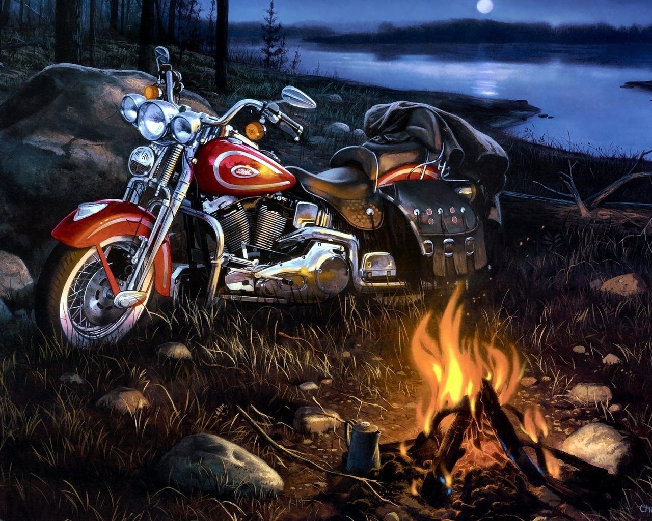 Обои арт, река, пейзаж, мотоцикл, костёр, harley-davidson, art, river, landscape, motorcycle, the fire разрешение 1920x1200 Загрузить