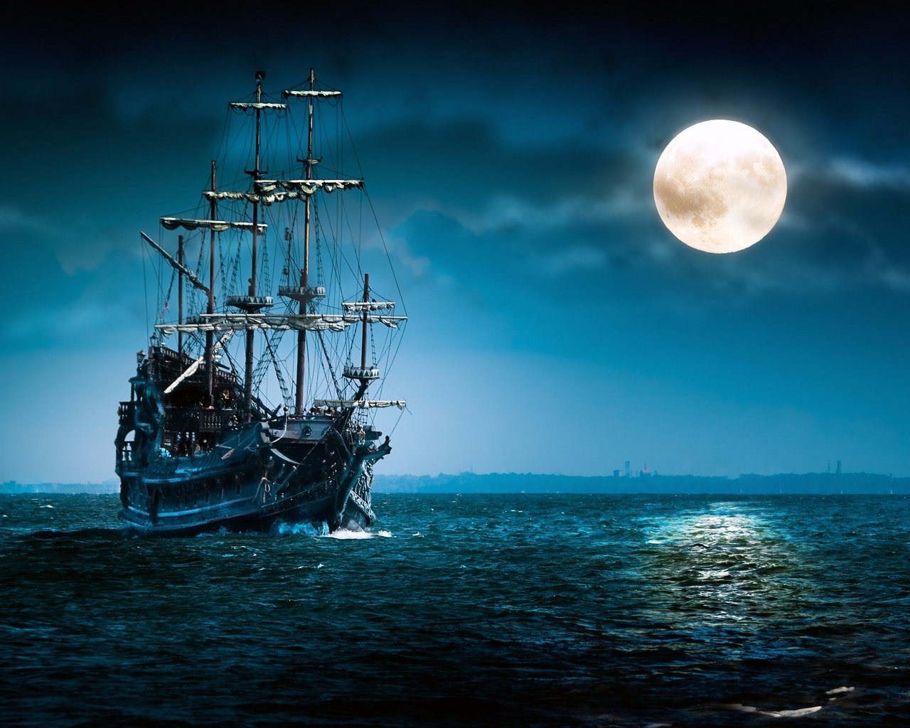 Обои море, корабль, луна, sea, ship, the moon разрешение 2560x1600 Загрузить