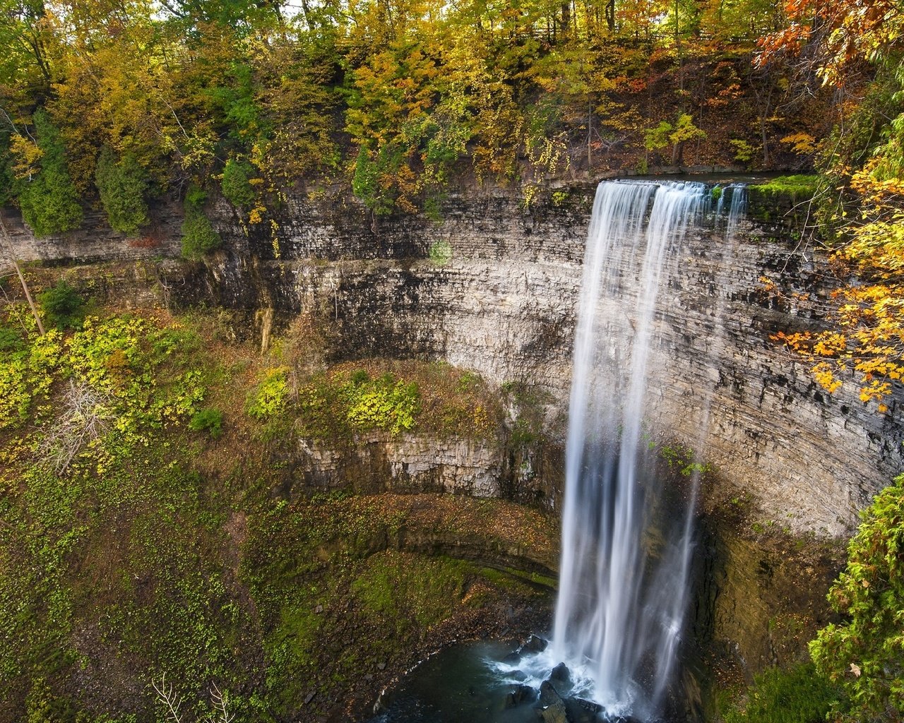 Обои деревья, скалы, природа, водопад, осень, trees, rocks, nature, waterfall, autumn разрешение 1920x1200 Загрузить