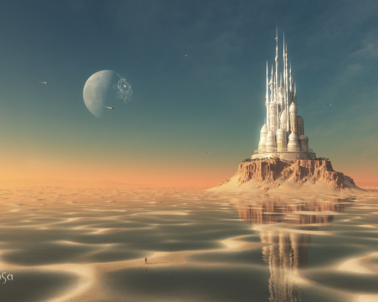 Обои вода, песок, планета, замок, остров, мель, рендер, water, sand, planet, castle, island, stranded, render разрешение 1920x1080 Загрузить