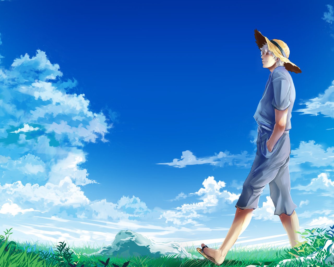 Обои небо, облака, парень, луг, шляпа, sakata gintoki, гинтама, the sky, clouds, guy, meadow, hat, gintama разрешение 2560x1600 Загрузить