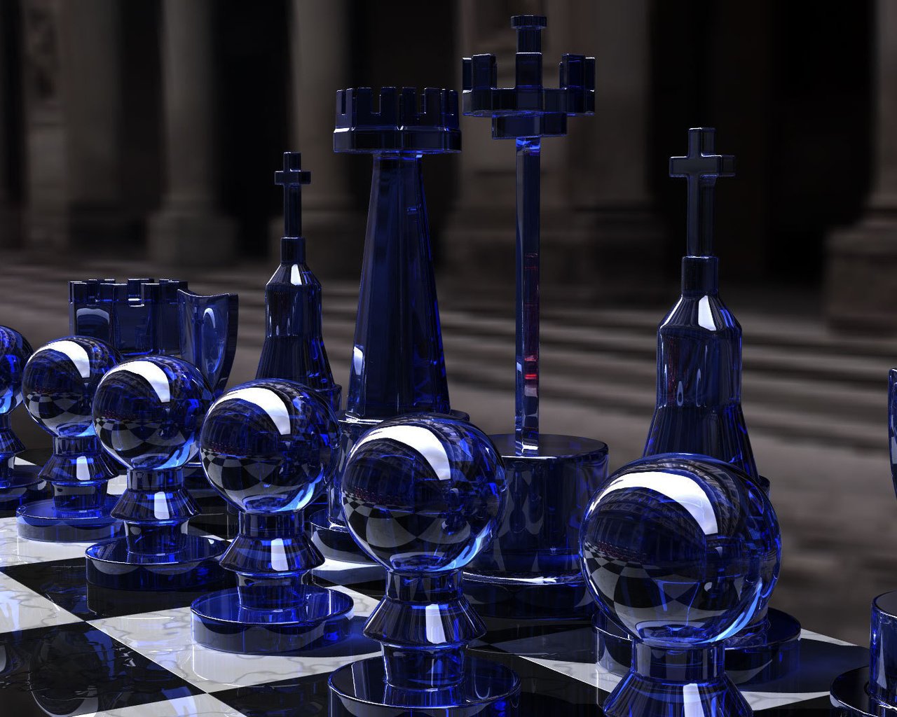 Обои шахматы, игра, стратегия, chess set, blue side, ренденринг, cтекло, chess, the game, strategy, rendering, glass разрешение 1920x1080 Загрузить