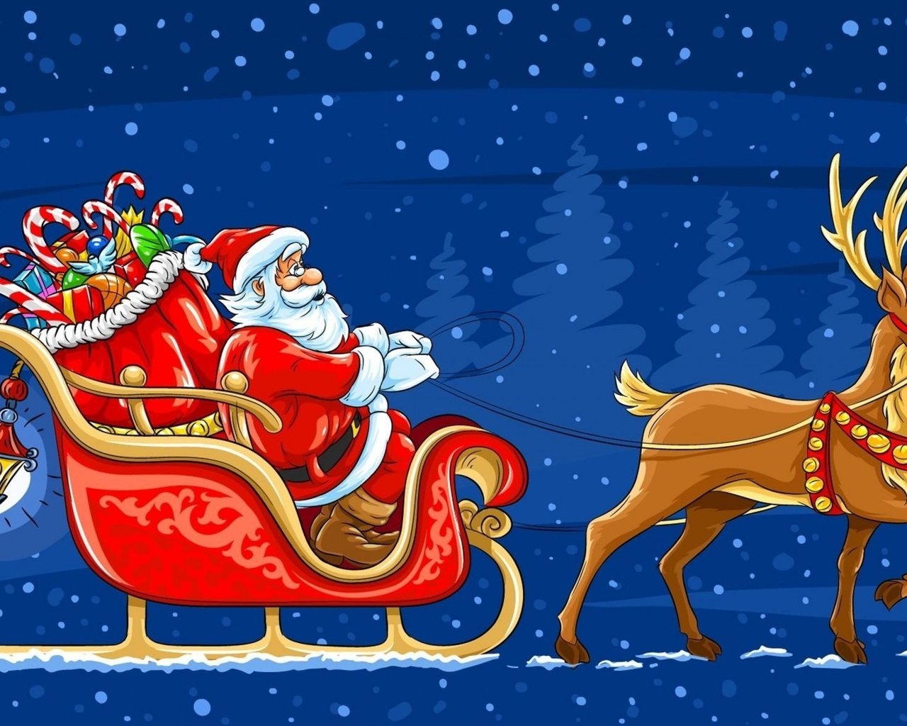 Обои снег, новый год, олень, подарки, сани, дед мороз, санта клаус, новогодние олени, snow, new year, deer, gifts, sleigh, santa claus, christmas reindeer разрешение 2880x1800 Загрузить