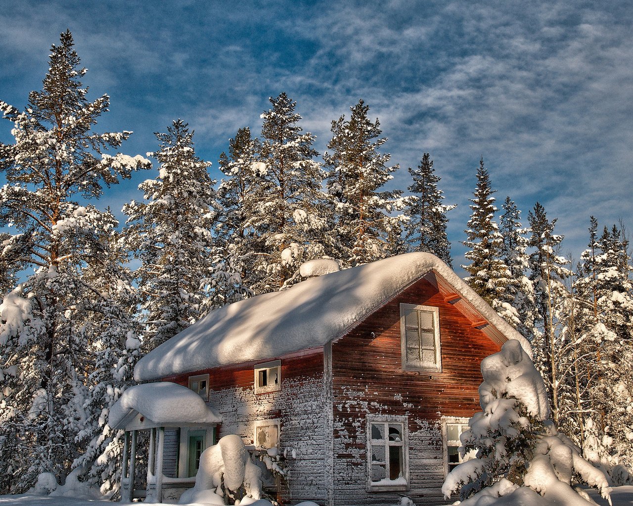 Обои деревья, снег, зима, дом, елки, старый, trees, snow, winter, house, tree, old разрешение 1920x1200 Загрузить