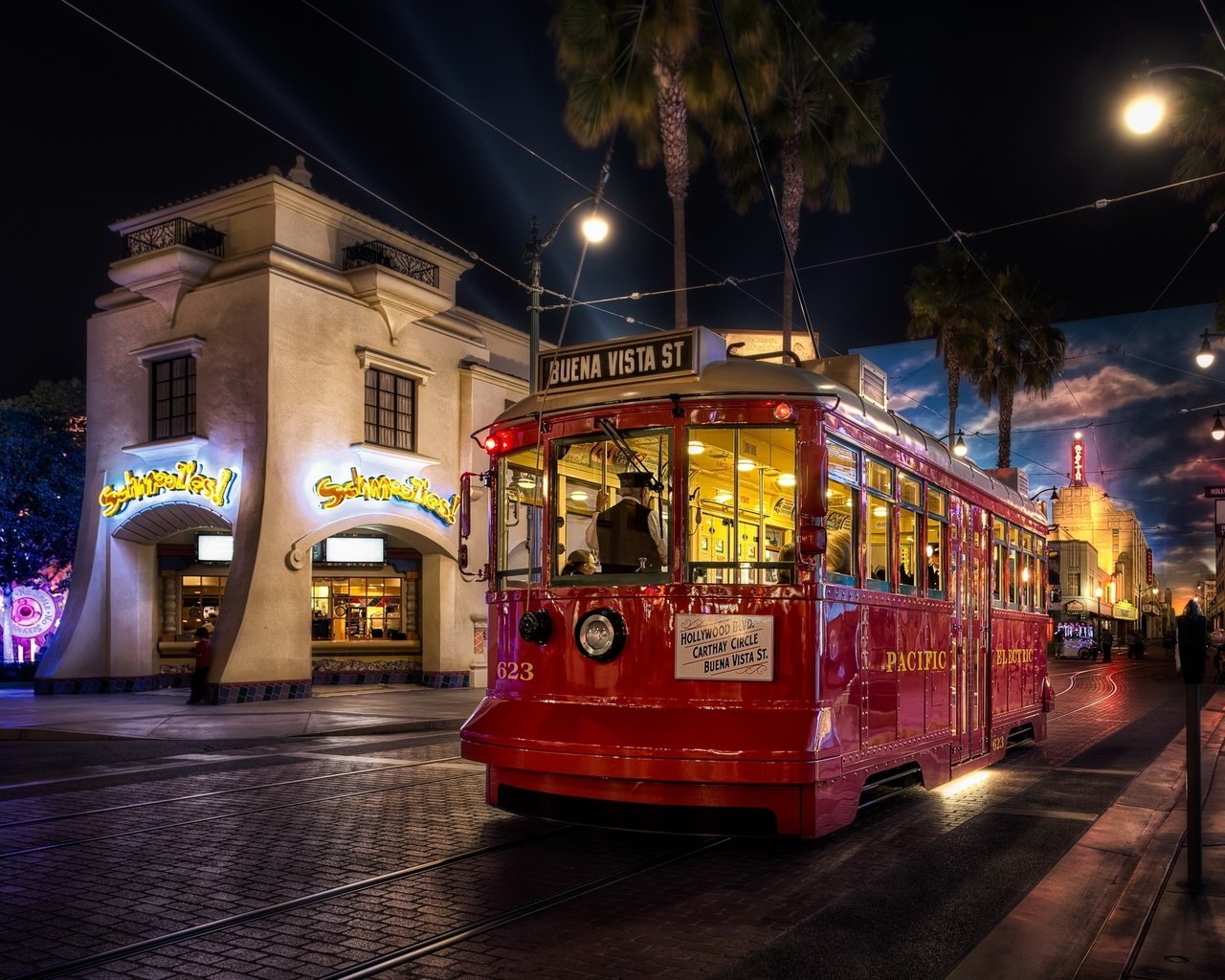 Обои ночной город, экскурсионный трамвай, night city, sightseeing tram разрешение 2560x1600 Загрузить