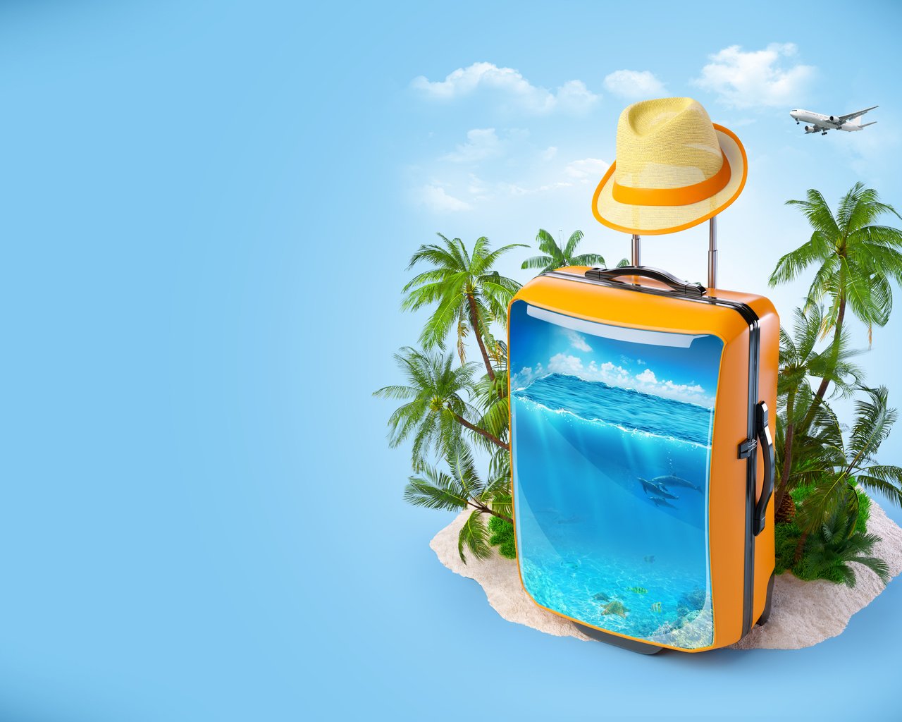 Обои облака, чемодан, самолет, курорт., море, пальмы, креатив, отдых, шляпа, дельфины, clouds, suitcase, the plane, resort., sea, palm trees, creative, stay, hat, dolphins разрешение 6489x4079 Загрузить