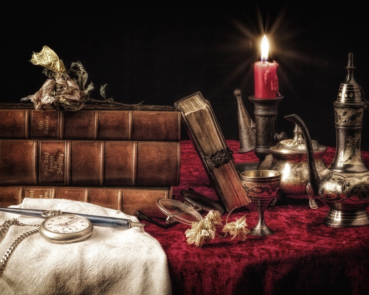 Обои книги, часы, посуда, свеча, натюрморт, books, watch, dishes, candle, still life разрешение 2700x1800 Загрузить