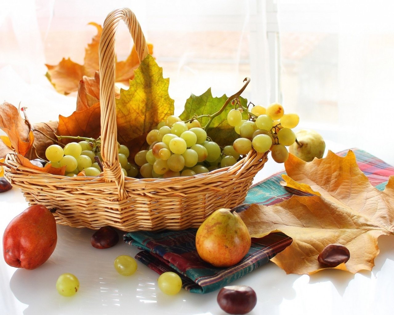 Обои листья, виноград, фрукты, осень, корзинка, груши, leaves, grapes, fruit, autumn, basket, pear разрешение 1920x1293 Загрузить