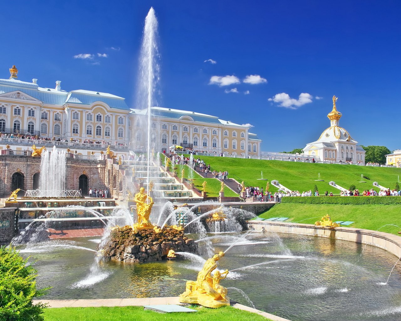 Обои фонтан, россия, дворец, санкт-петербург, петергоф, петродворец, fountain, russia, palace, saint petersburg, peterhof, petrodvorets разрешение 3500x2186 Загрузить