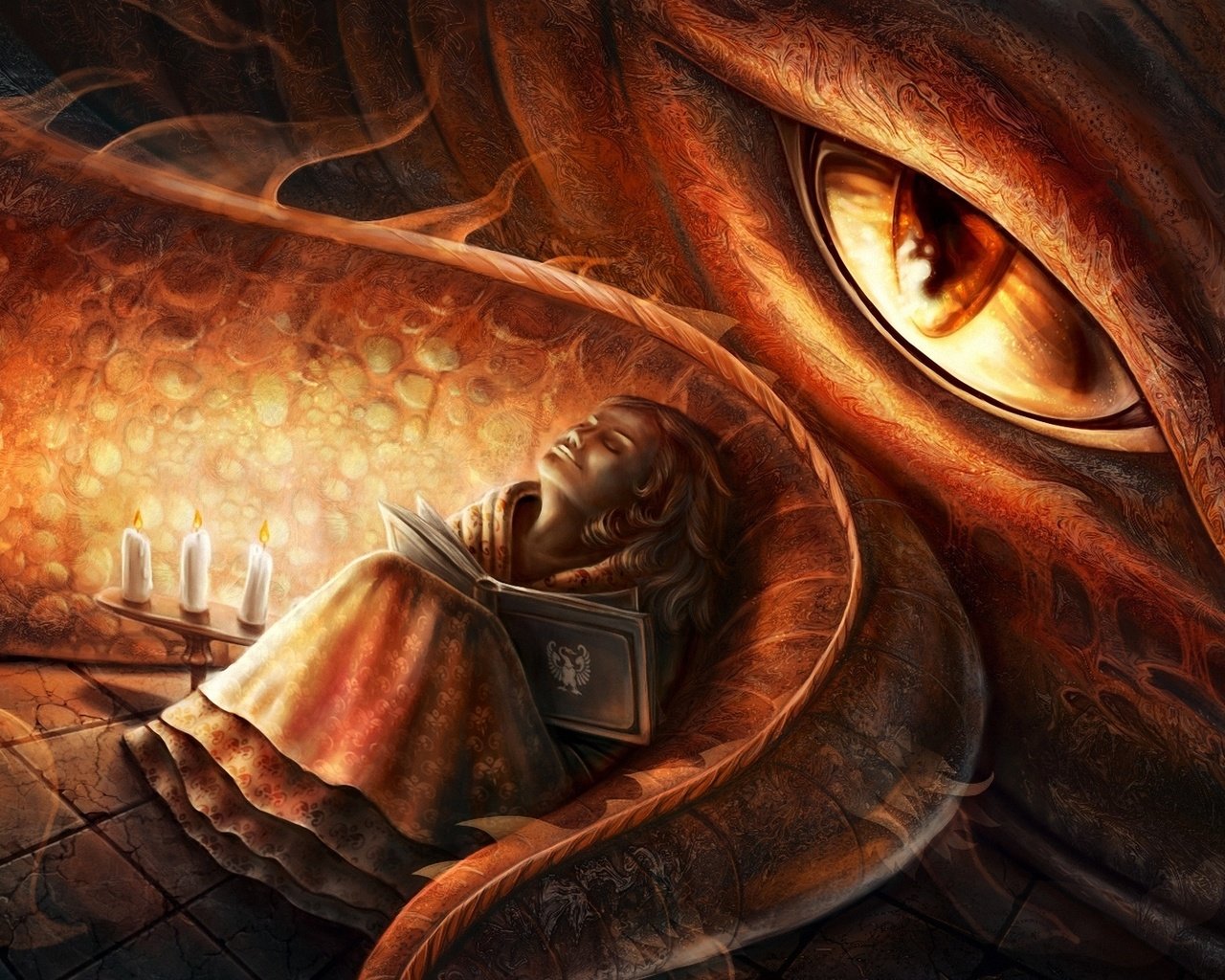 Обои свечи, фантастика, дракон, девочка, глаз, хвост, книга, elena mikhailava, candles, fiction, dragon, girl, eyes, tail, book разрешение 1920x1200 Загрузить