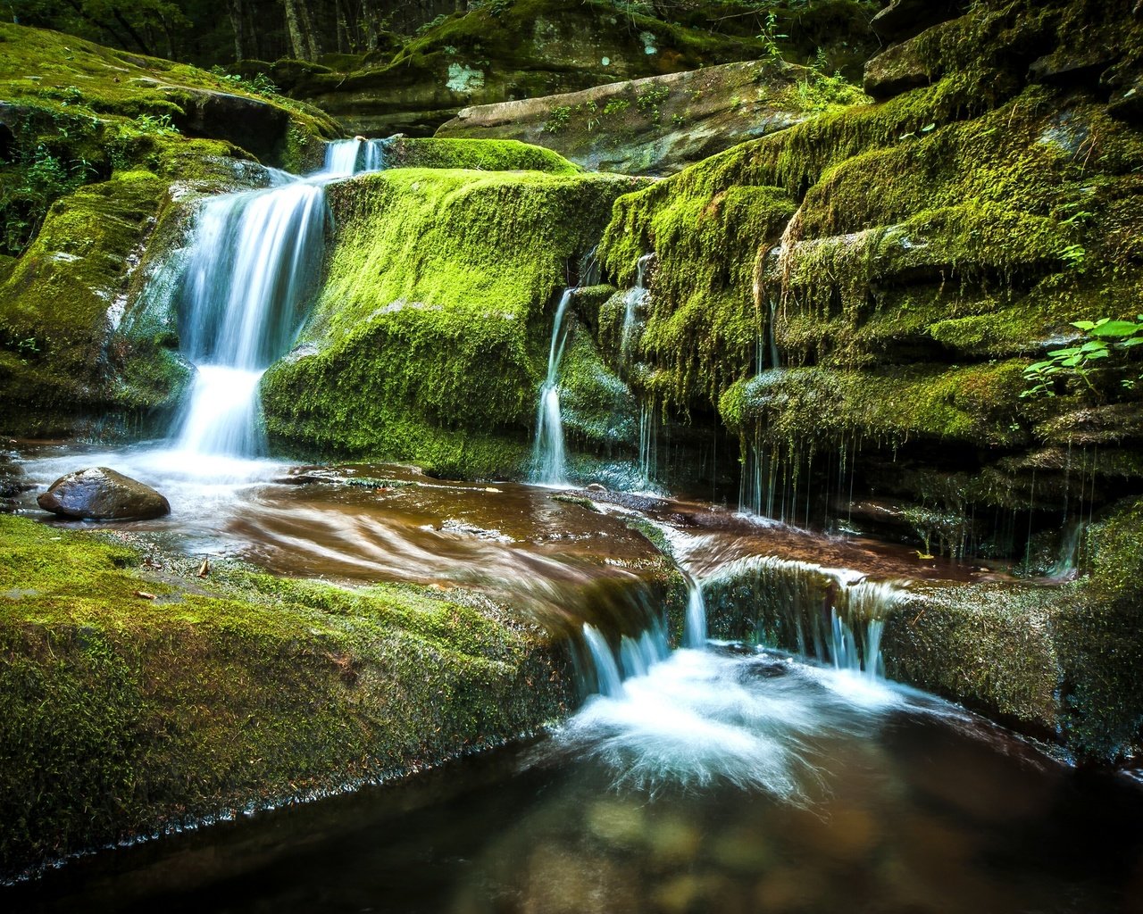 Обои камни, водопад, мох, stones, waterfall, moss разрешение 2880x1916 Загрузить