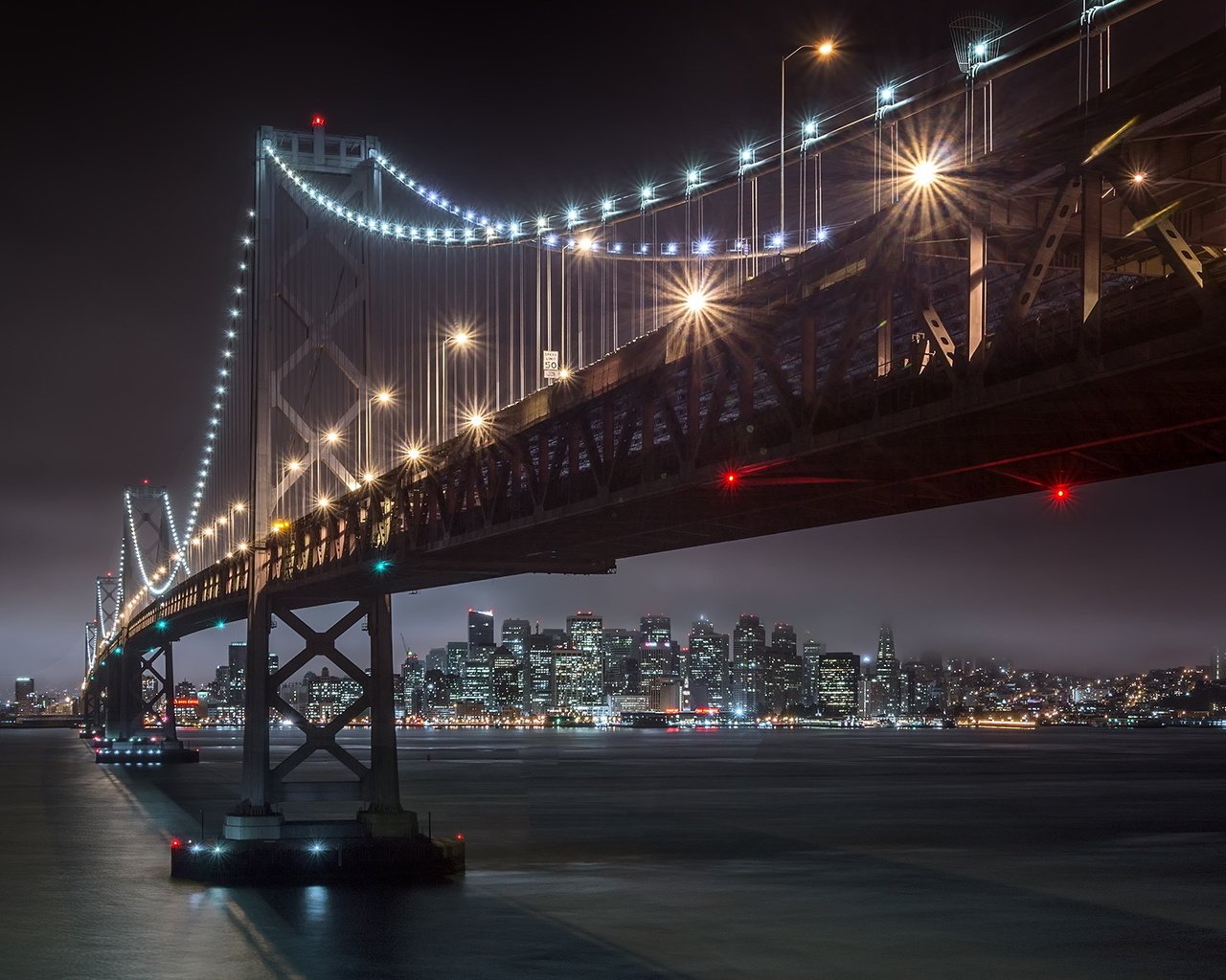 Обои мост, город, залив, сша, сан-франциско, ночные огни, bridge, the city, bay, usa, san francisco, night lights разрешение 2047x1228 Загрузить