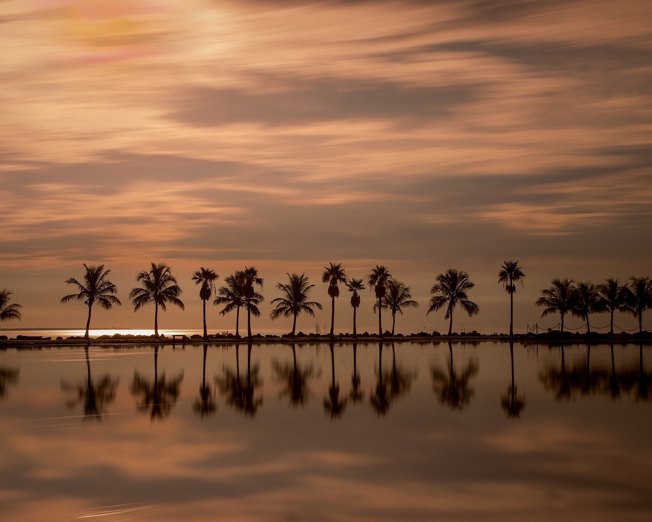 Обои закат, отражение, пальмы, атлантический океан, майами, штат флорида, sunset, reflection, palm trees, the atlantic ocean, miami, florida разрешение 3600x2241 Загрузить