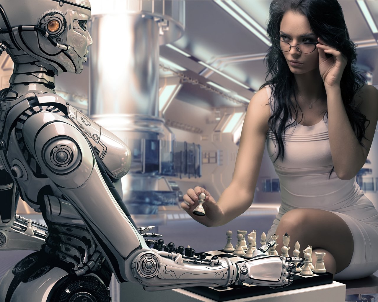 Обои девушка, шахматы, робот, рендеринг, игра, girl, chess, robot, rendering, the game разрешение 3000x2000 Загрузить