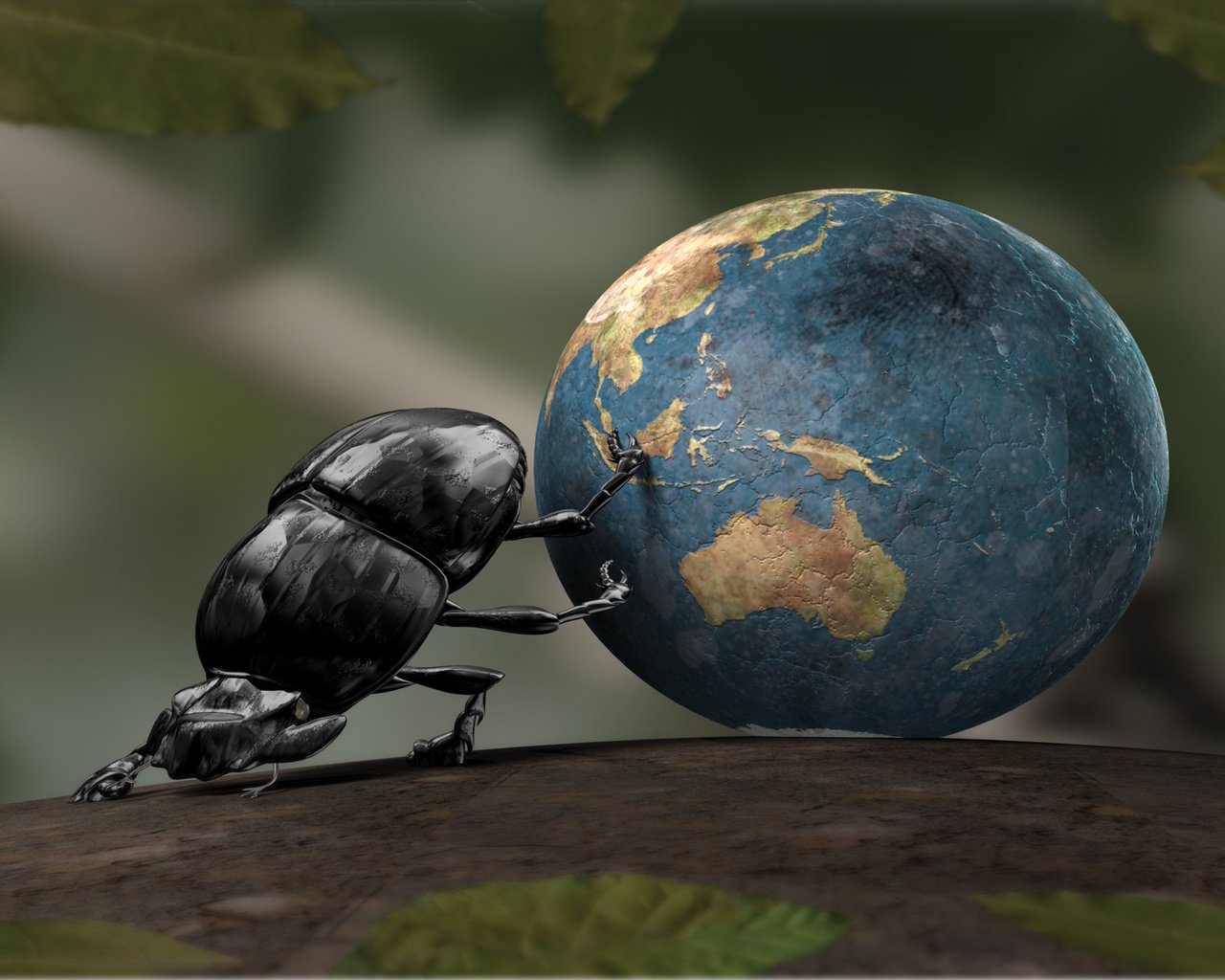 Обои земля, шарик, листики, шук навозник, 3д, earth, ball, leaves, shuk beetle, 3d разрешение 2560x1600 Загрузить