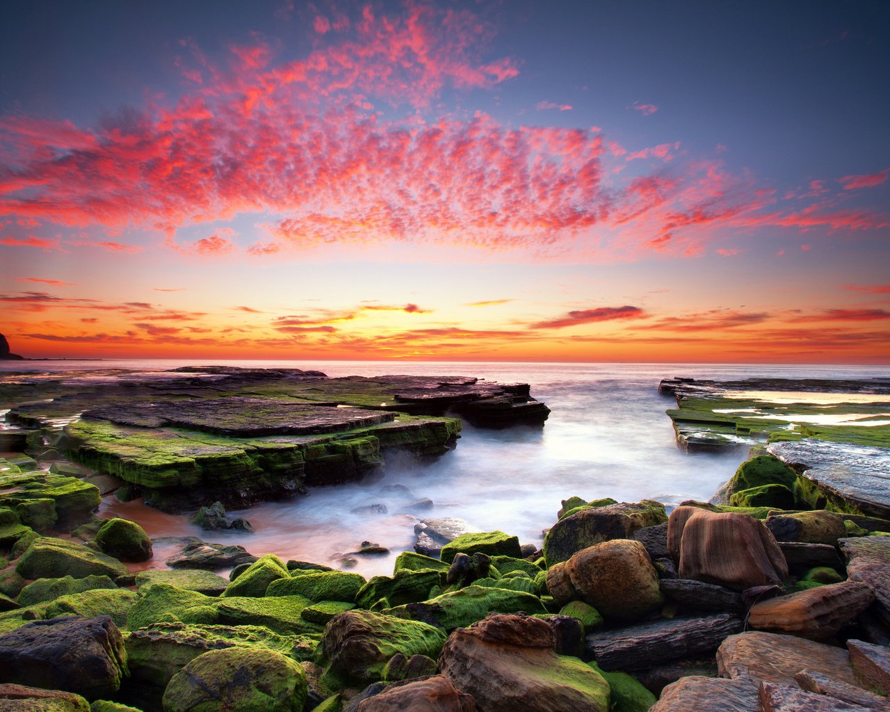 Обои облака, вода, камни, закат, водоросли, clouds, water, stones, sunset, algae разрешение 2048x1365 Загрузить