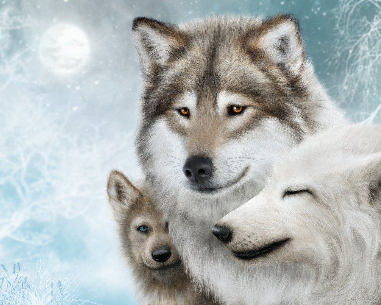 Обои арт, луна, семья, хищники, волки, волк, art, the moon, family, predators, wolves, wolf разрешение 2560x1440 Загрузить