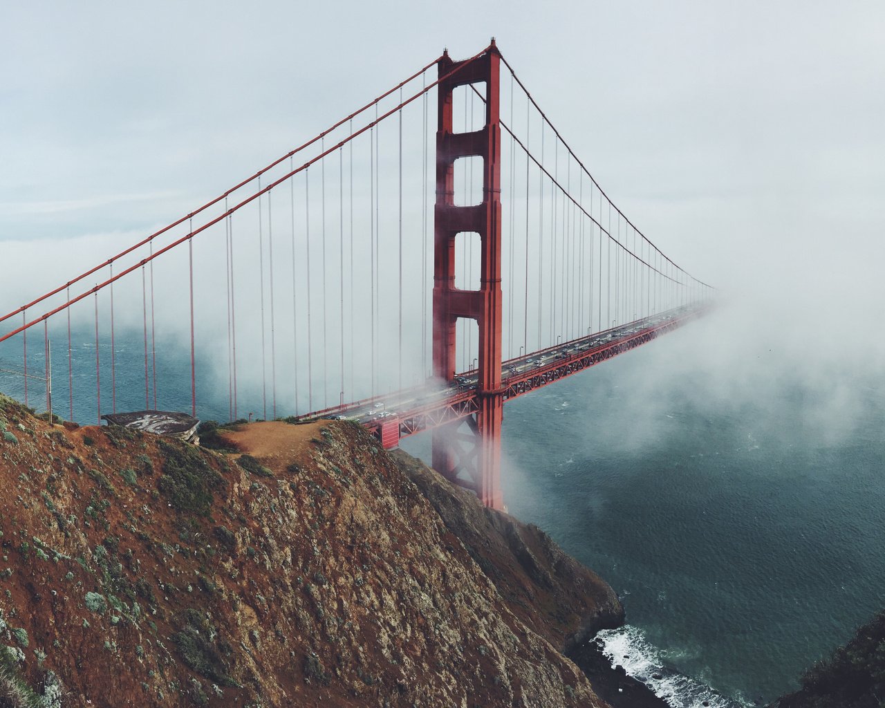 Обои скалы, море, туман, сан-франциско, золотые ворота, мост gate bridge, rocks, sea, fog, san francisco, golden gate, bridge gate bridge разрешение 6768x3150 Загрузить