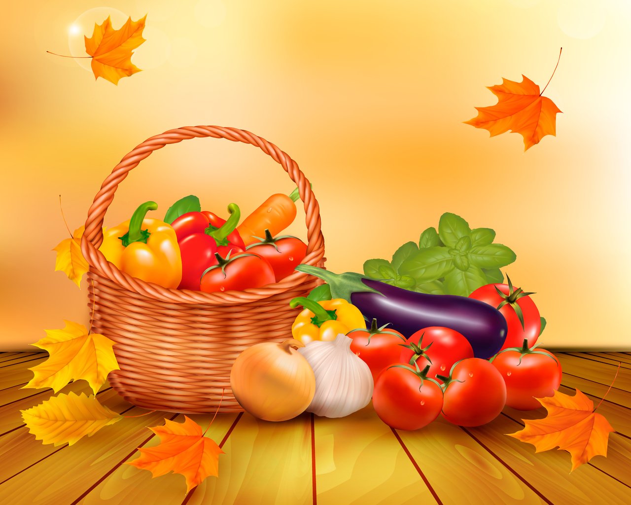 Обои листья, вектор, осень, корзина, урожай, овощи, натюрморт, leaves, vector, autumn, basket, harvest, vegetables, still life разрешение 4340x3400 Загрузить