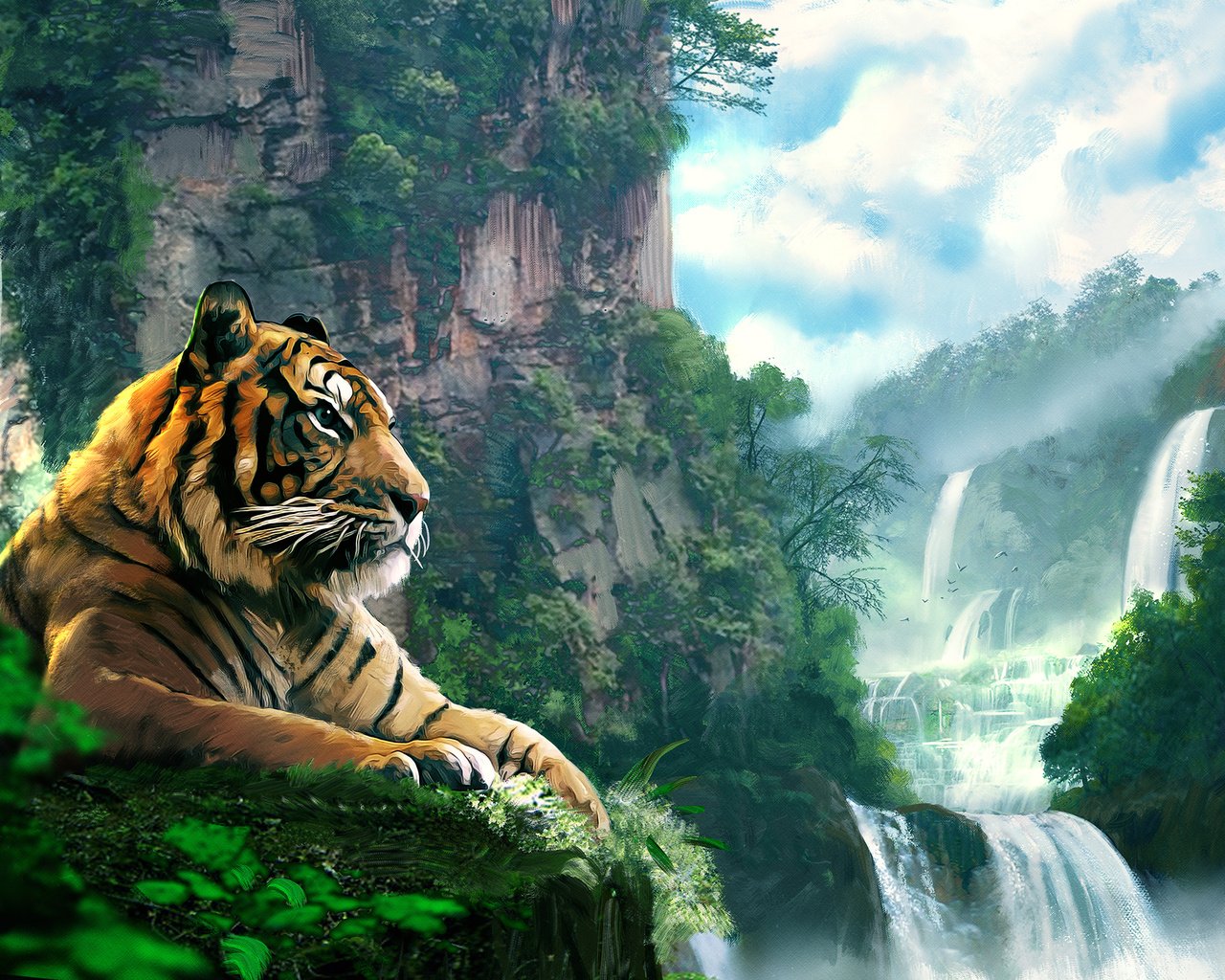 Обои тигр, арт, лес, пейзаж, гора, водопад, tiger, art, forest, landscape, mountain, waterfall разрешение 2500x1516 Загрузить