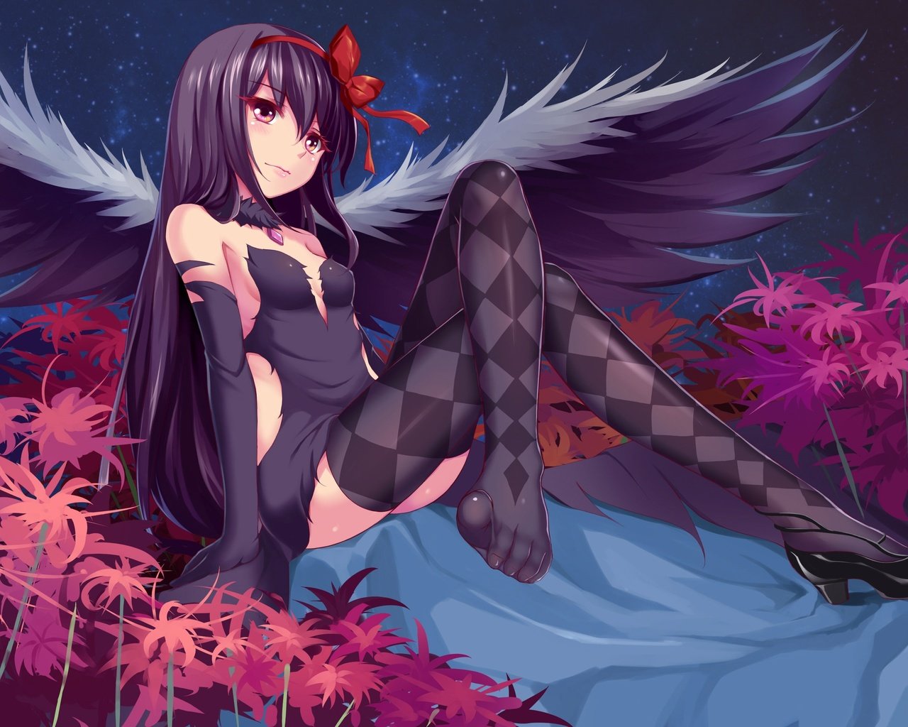 Обои девушка, взгляд, крылья, чулки, akemi homura, mahou shoujo madoka magica, girl, look, wings, stockings разрешение 3507x2480 Загрузить