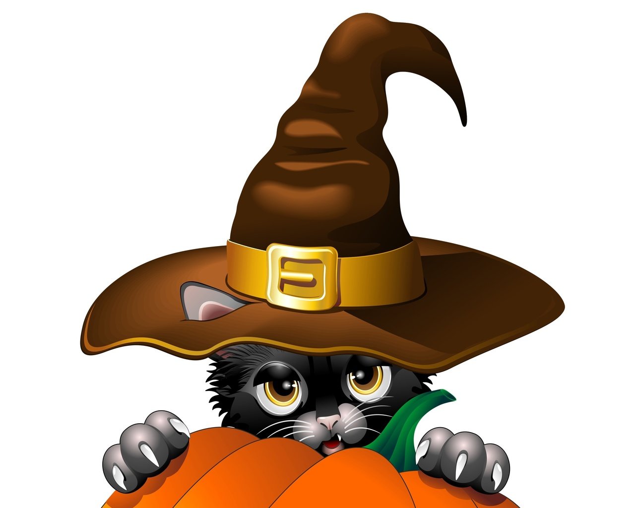 Обои вектор, черный кот, взгляд, ушки, когти, праздник, шляпа, хеллоуин, тыква, vector, black cat, look, ears, claws, holiday, hat, halloween, pumpkin разрешение 4439x2576 Загрузить