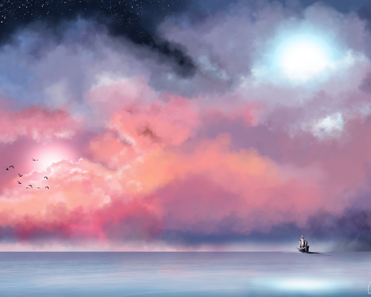 Обои небо, облака, море, звезды, туман, корабль, птицы, живопись, the sky, clouds, sea, stars, fog, ship, birds, painting разрешение 4961x3508 Загрузить