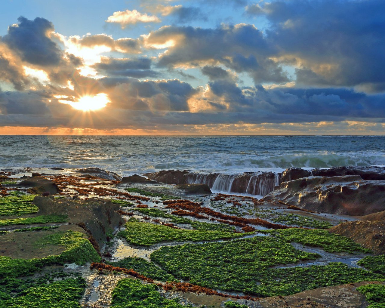 Обои облака, природа, камни, берег, закат, тихий океан, clouds, nature, stones, shore, sunset, the pacific ocean разрешение 2560x1600 Загрузить