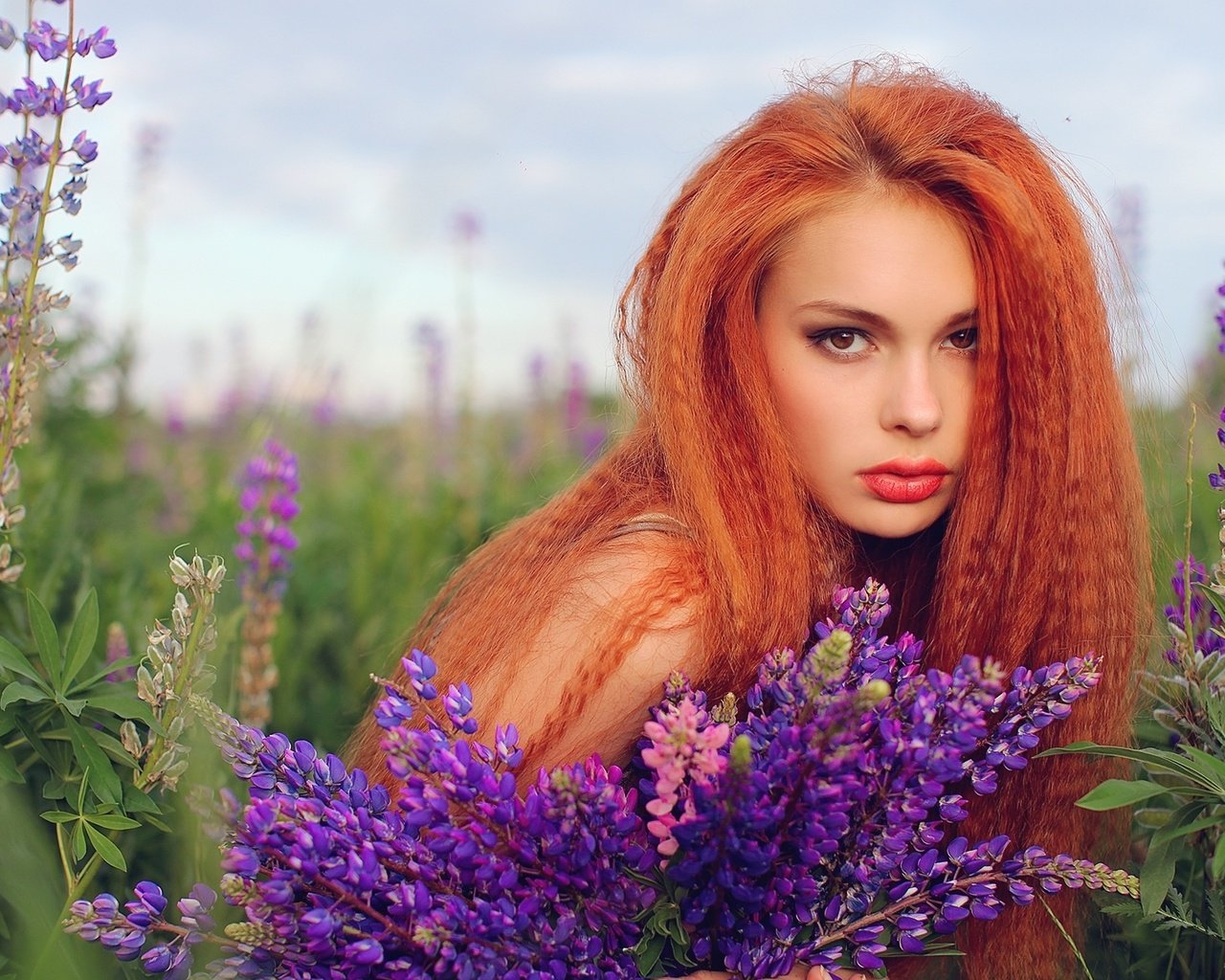 Обои цветы, девушка, рыжая, волосы, губы, люпин, flowers, girl, red, hair, lips, lupin разрешение 2000x1227 Загрузить