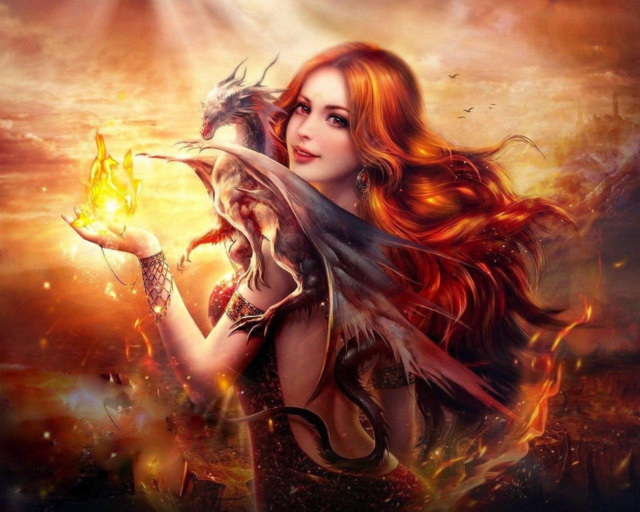 Обои арт, хорошенькая, пламя, рыжеволосая, девушка, цифровая, дракон, огненная, gевочка, огонь, самка, женщина, красива, фантазии, art, pretty, flame, redhead, girl, digital, dragon, fire, female, woman, beautiful, fantasy разрешение 1920x1200 Загрузить