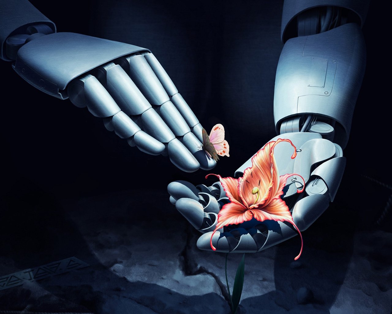 Обои цветы, арт, фантастика, робот, бабочки, руки, flowers, art, fiction, robot, butterfly, hands разрешение 2560x1600 Загрузить