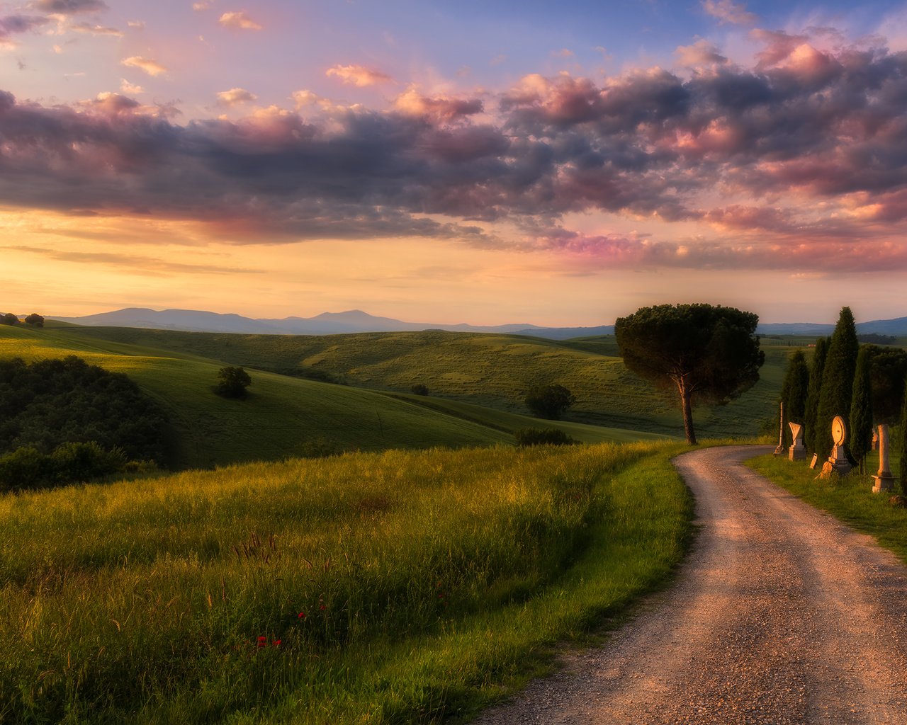 Обои небо, дорога, трава, облака, деревья, природа, утро, the sky, road, grass, clouds, trees, nature, morning разрешение 2048x1367 Загрузить