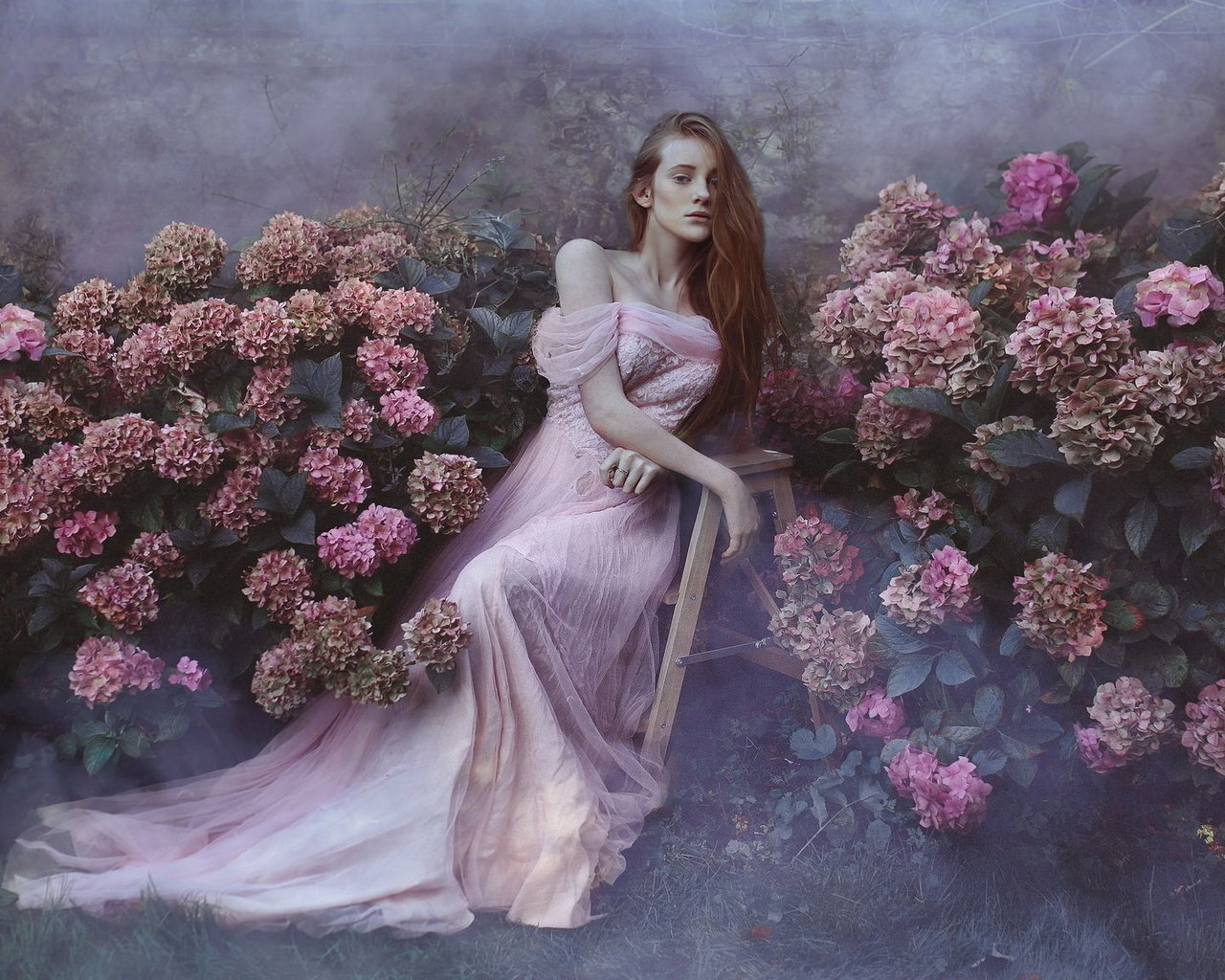 Обои цветы, девушка, платье, туман, сад, весна, гортензия, flowers, girl, dress, fog, garden, spring, hydrangea разрешение 2048x1152 Загрузить