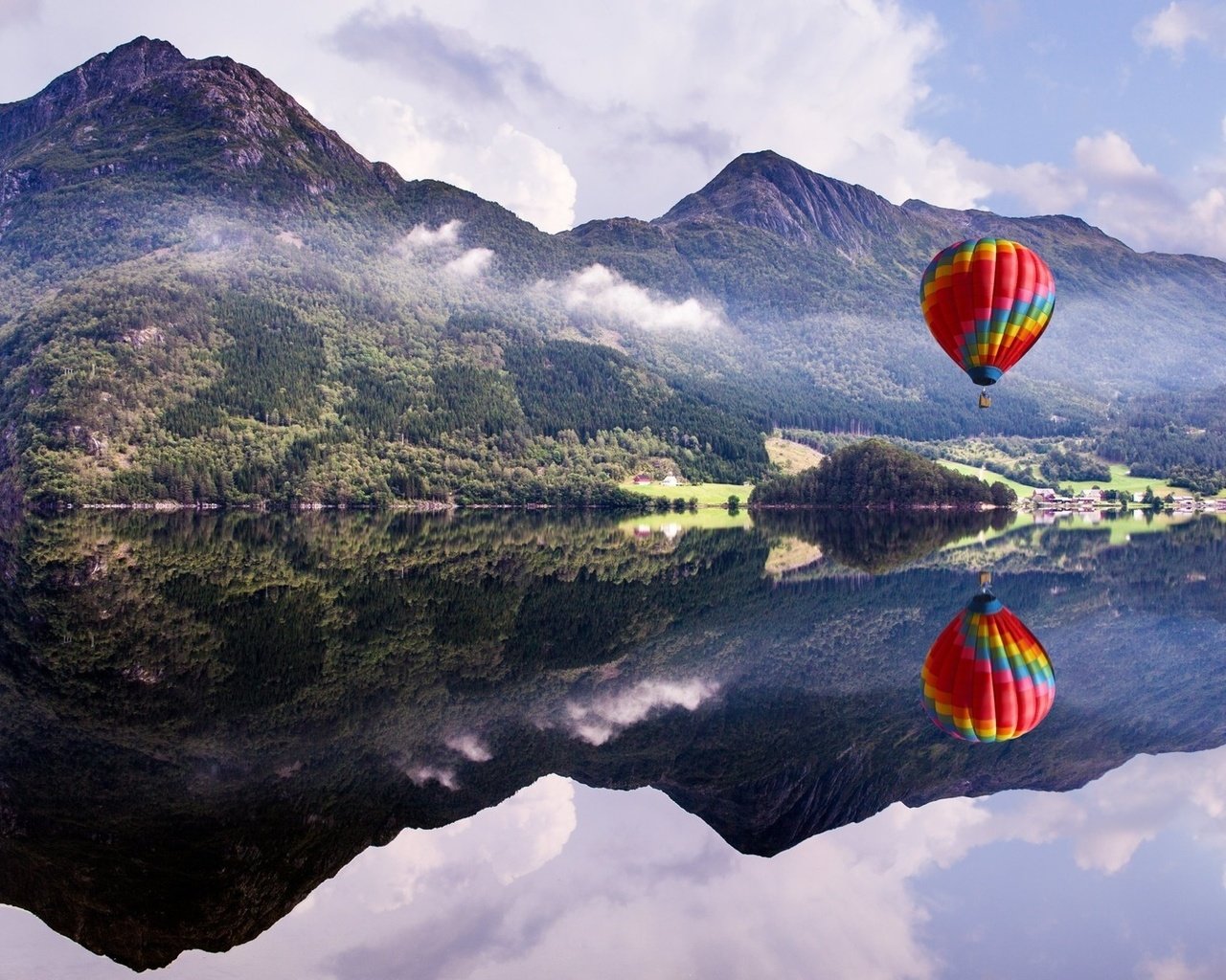 Обои озеро, природа, отражение, пейзаж, воздушный шар, lake, nature, reflection, landscape, balloon разрешение 1920x1080 Загрузить