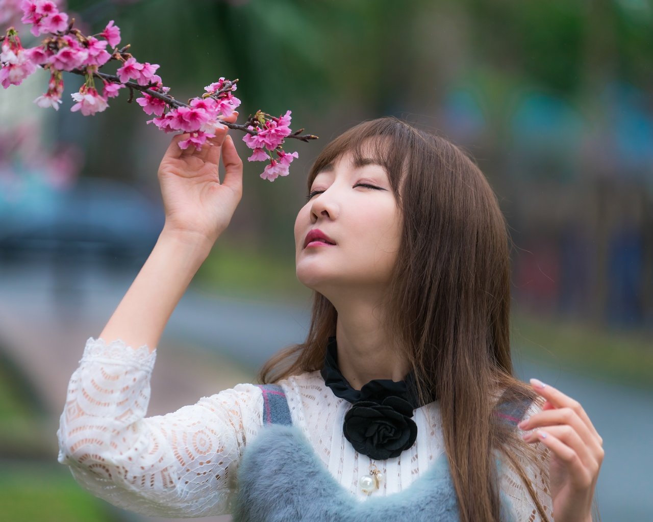 Обои ветка, девушка, волосы, сакура, азиатка, закрытые глаза, branch, girl, hair, sakura, asian, closed eyes разрешение 7952x5304 Загрузить