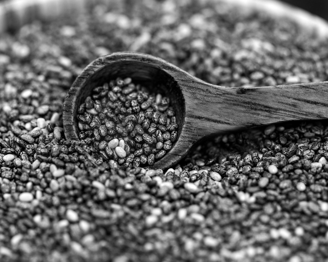 Обои чёрно-белое, семена, деревянная ложка, чиа, семена чиа, black and white, seeds, wooden spoon, chia разрешение 3840x2205 Загрузить