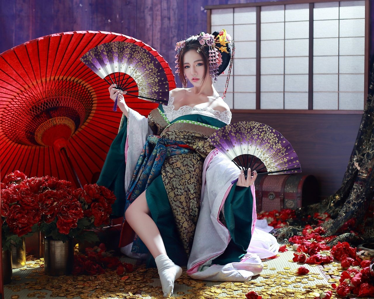 Обои цветы, девушка, зонт, кимоно, азиатка, гейша, веер, flowers, girl, umbrella, kimono, asian, geisha, fan разрешение 2048x1365 Загрузить