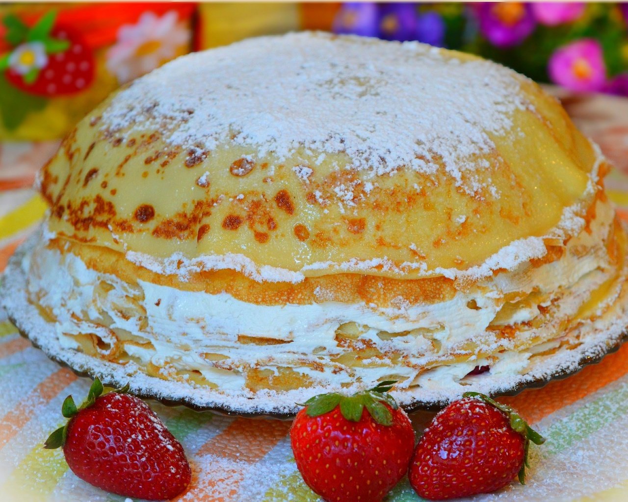 Обои клубника, ягоды, блинчики, блины, блинчии, блинный торт, strawberry, berries, pancakes, blinkie, pancake cake разрешение 3014x1891 Загрузить