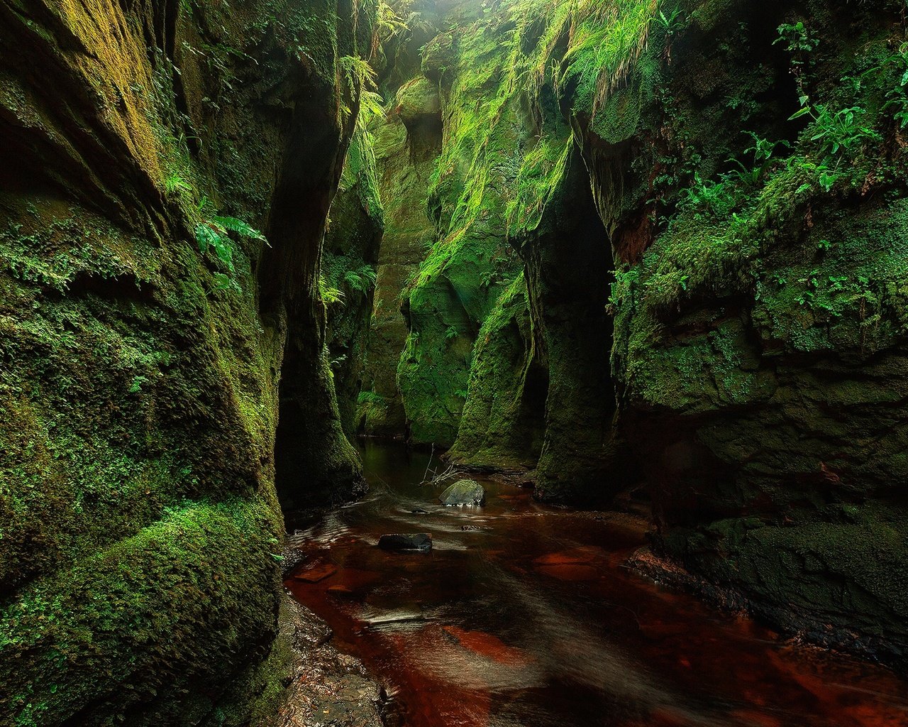 Обои скалы, камни, зелень, ручей, мох, шотландия, finnich glen, rocks, stones, greens, stream, moss, scotland разрешение 2000x1250 Загрузить