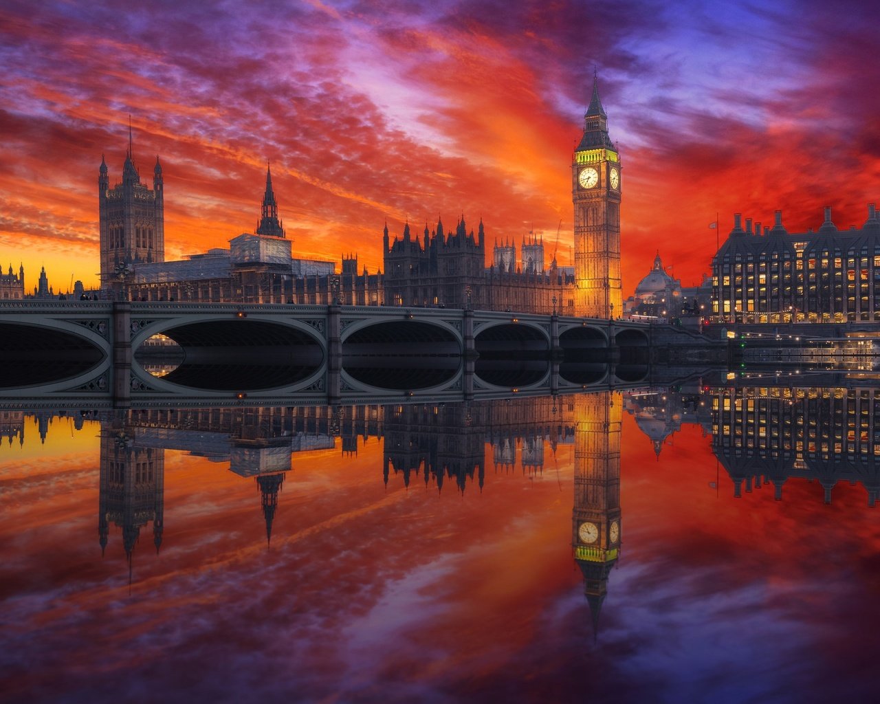 Обои закат, отражение, мост, лондон, англия, биг-бен, sunset, reflection, bridge, london, england, big ben разрешение 2048x1367 Загрузить