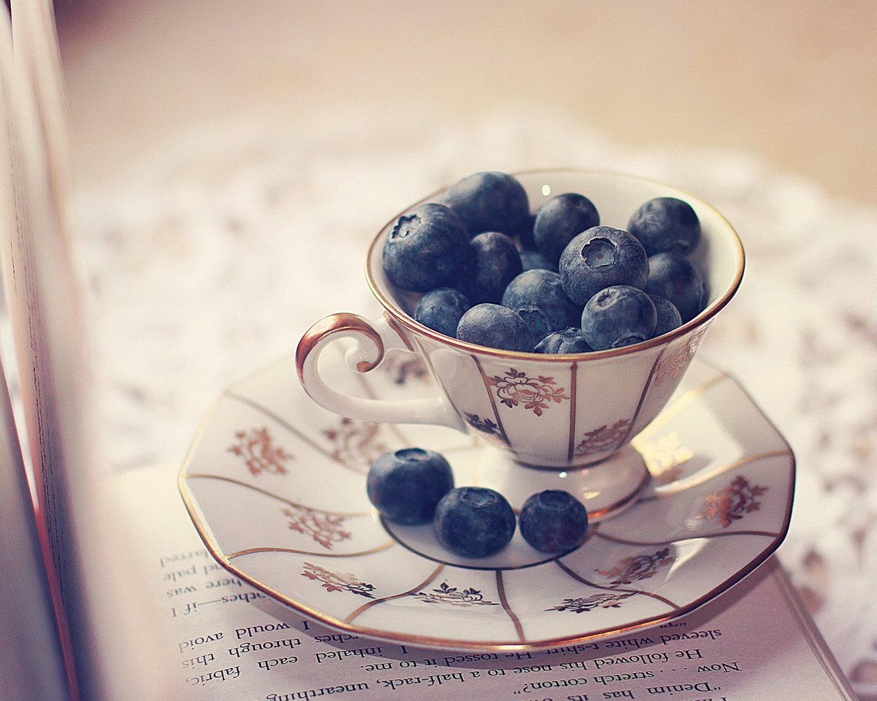 Обои блюдце, ягоды, чашка, черника, салфетка, книга, страницы, saucer, berries, cup, blueberries, napkin, book, page разрешение 2560x1600 Загрузить