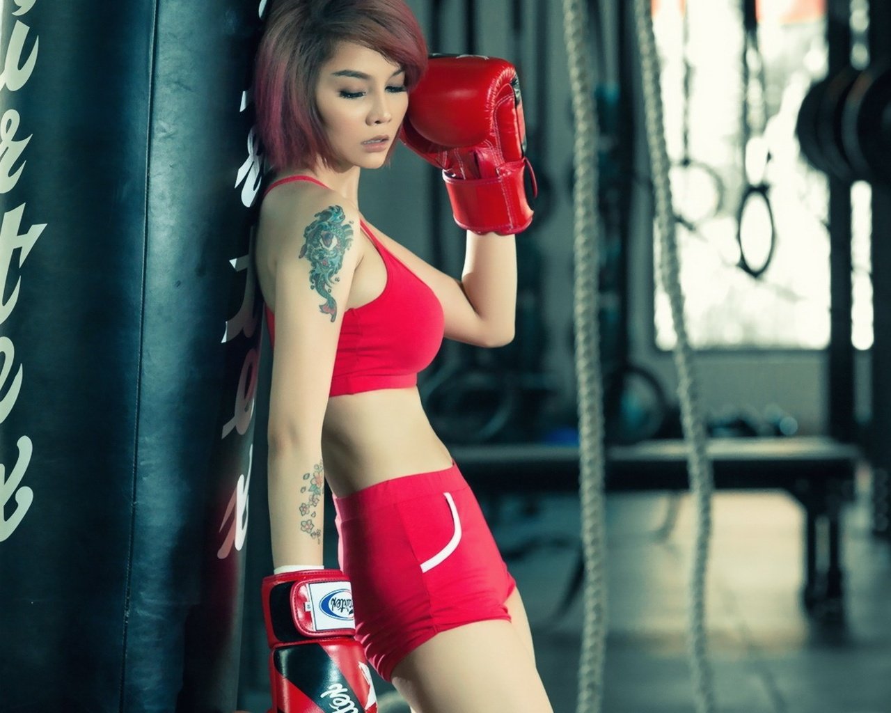 Обои девушка, тату, азиатка, перчатки, боксер, тренировка, girl, tattoo, asian, gloves, boxer, training разрешение 1920x1080 Загрузить